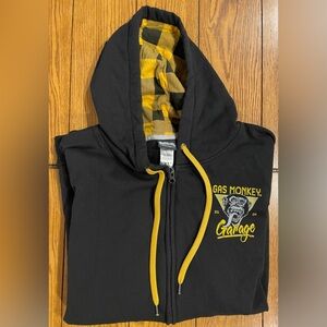 Gas Monkey Garage men’s full zip hoodie, XL, black with black/gold hood lining